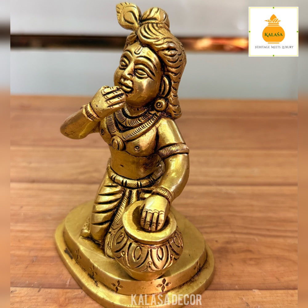 Brass Idol of Little Krishna Eating Butter – Golden Finish | Handcrafted Spiritual Decor | Kalasa Decor
