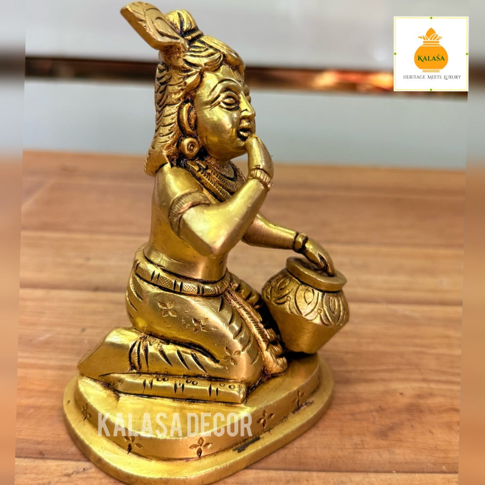 Brass Idol of Little Krishna Eating Butter – Golden Finish | Handcrafted Spiritual Decor | Kalasa Decor