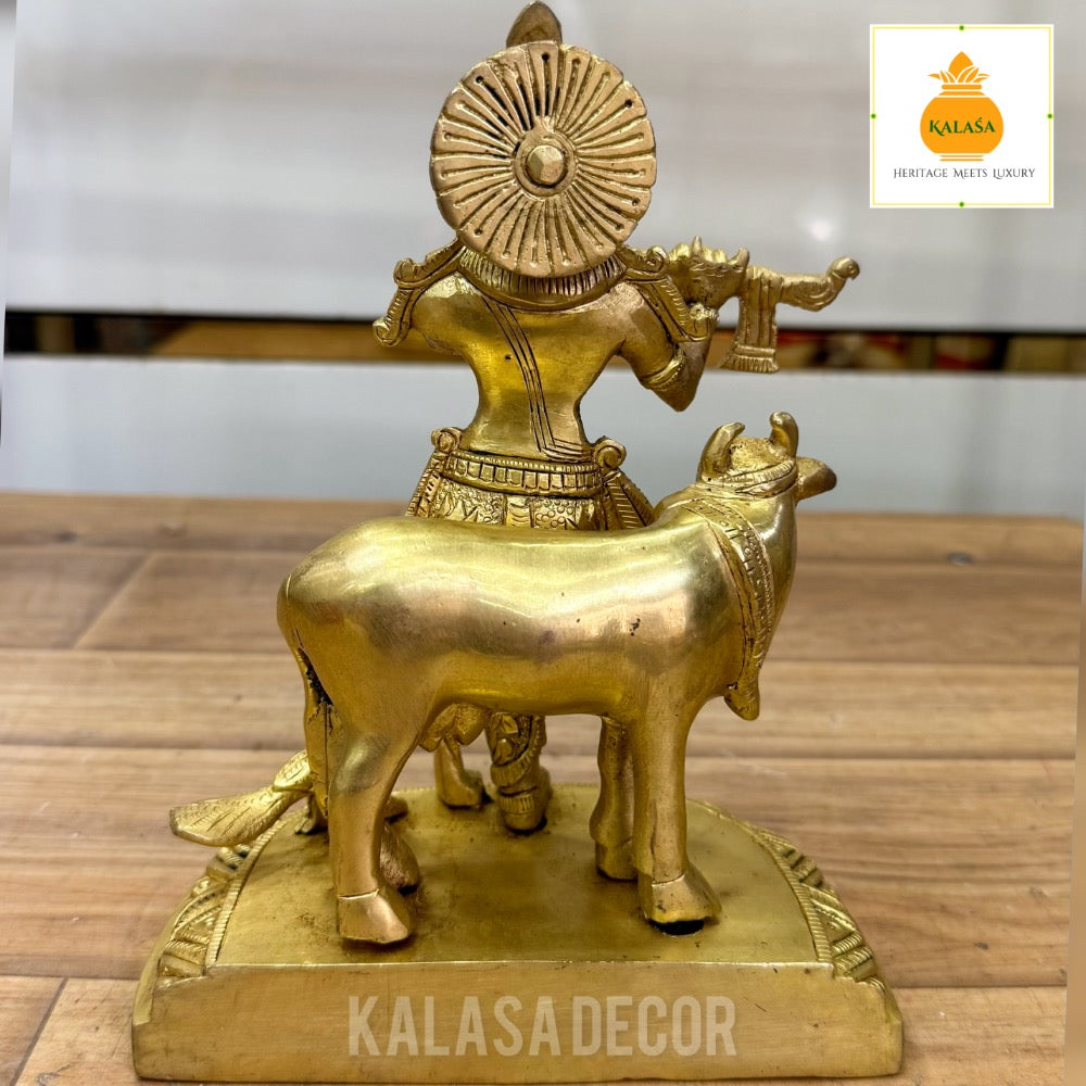 Golden Finish Lord Sri Krishna with Kamadhenu Idol – Majestic Brass Statue for Devotional & Home Decor (7.75 Inch, 2230g)