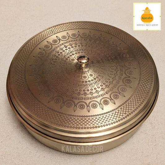 Matt Finish Brass Masala Box with Laser-Engraved Mandala Lid – 7 Spice Cups + Spoon | Kitchen Utility & Return gift | Kalasa Decor