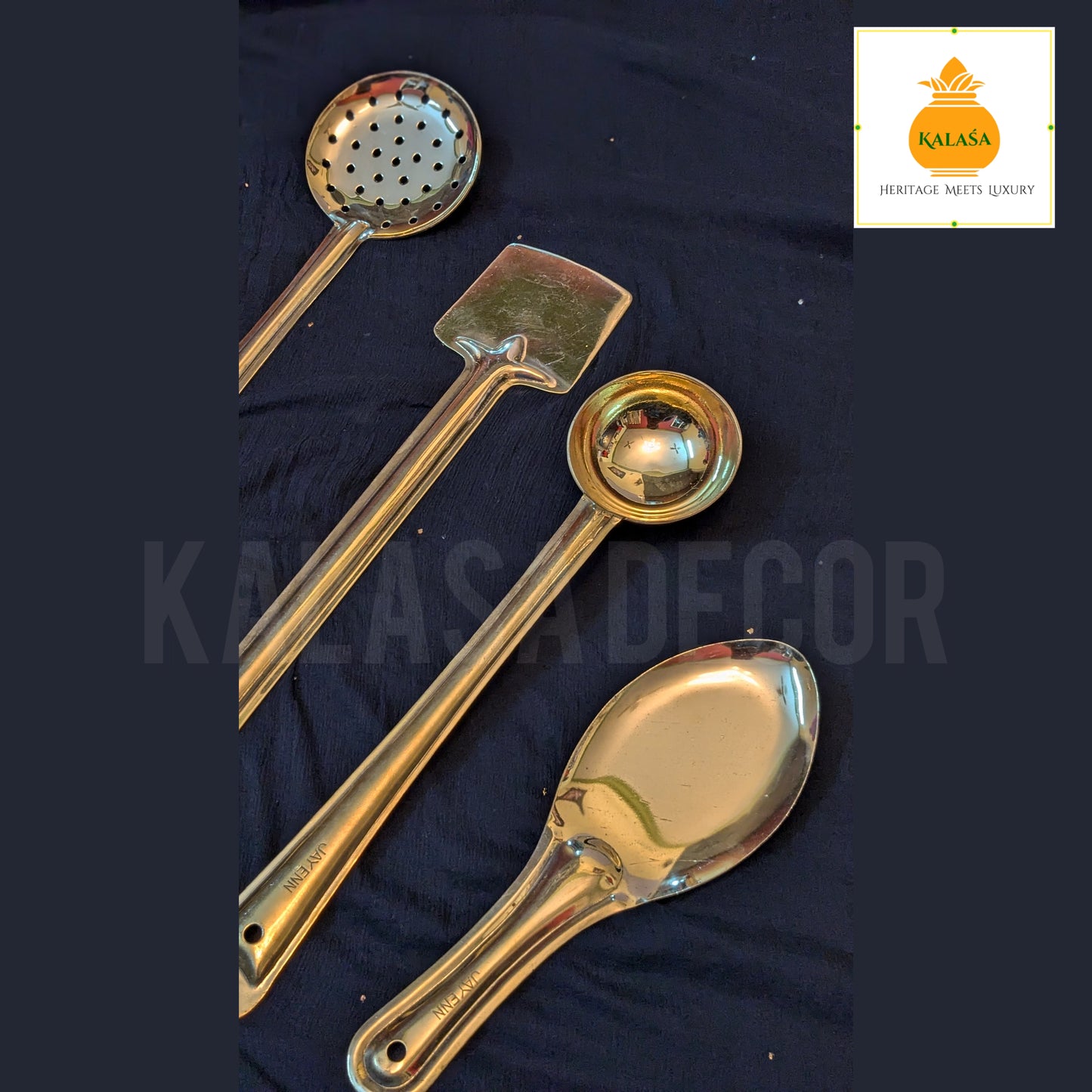 Set of 4 Pure Brass Ladles – Glossy Finish Kitchen Serving Spoons | For Rice, Rasam, Frying, Chapati | Kalasa Decor