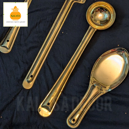 Set of 4 Pure Brass Ladles – Glossy Finish Kitchen Serving Spoons | For Rice, Rasam, Frying, Chapati | Kalasa Decor