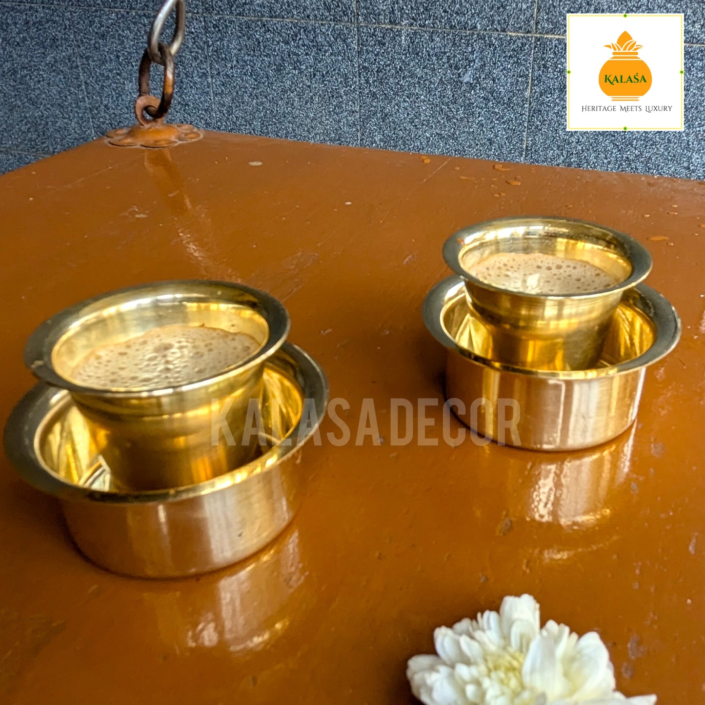 Pure Brass Coffee & Dabara Set – Glossy Finish | Traditional South Indian Filter Coffee Set | Kalasa Decor