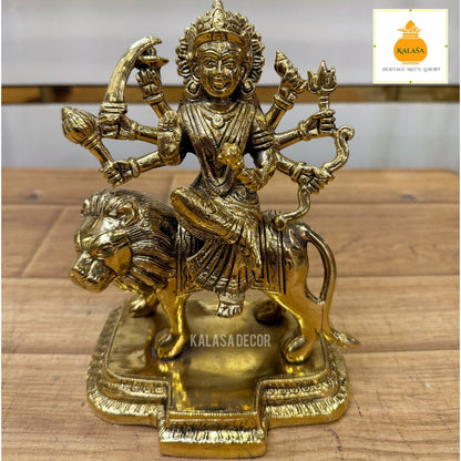 Brass Durga Devi Idol Seated on Majestic Lion | Symbol of Strength, Courage & Victory