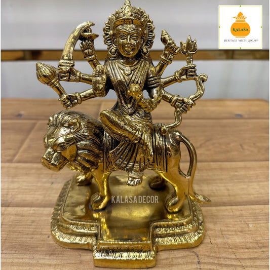 Brass Durga Devi Idol Seated on Majestic Lion | Symbol of Strength, Courage & Victory