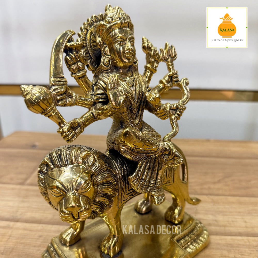 Brass Durga Devi Idol Seated on Majestic Lion | Symbol of Strength, Courage & Victory