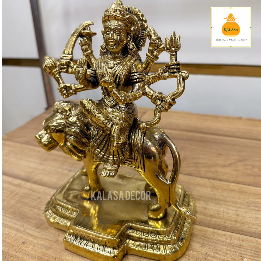 Brass Durga Devi Idol Seated on Majestic Lion | Symbol of Strength, Courage & Victory