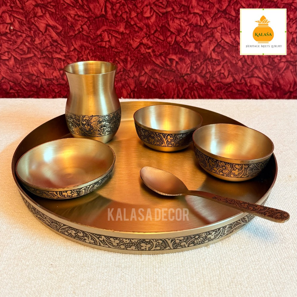 6-Piece Pure Kansa (Bronze) Dinner Set – Matt Finish with Laser Engraved Edge | Ayurvedic Wellness Dining