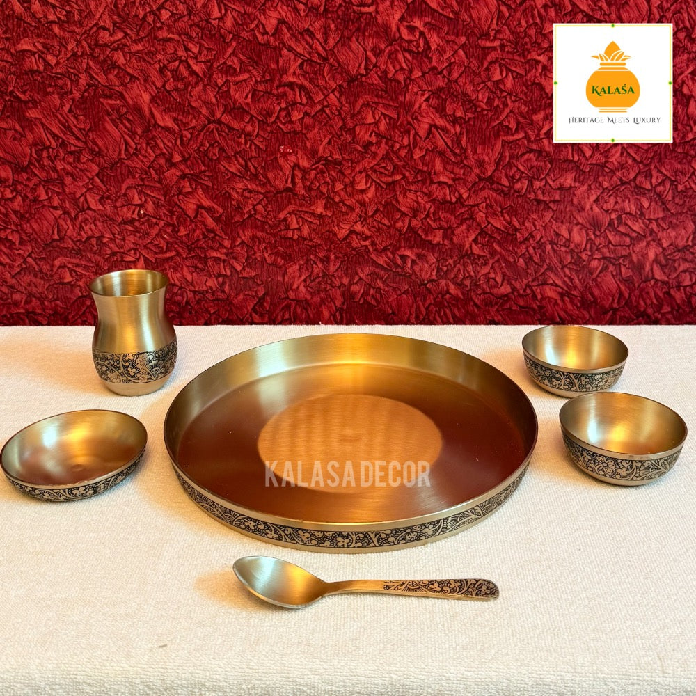 6-Piece Pure Kansa (Bronze) Dinner Set – Matt Finish with Laser Engraved Edge | Ayurvedic Wellness Dining