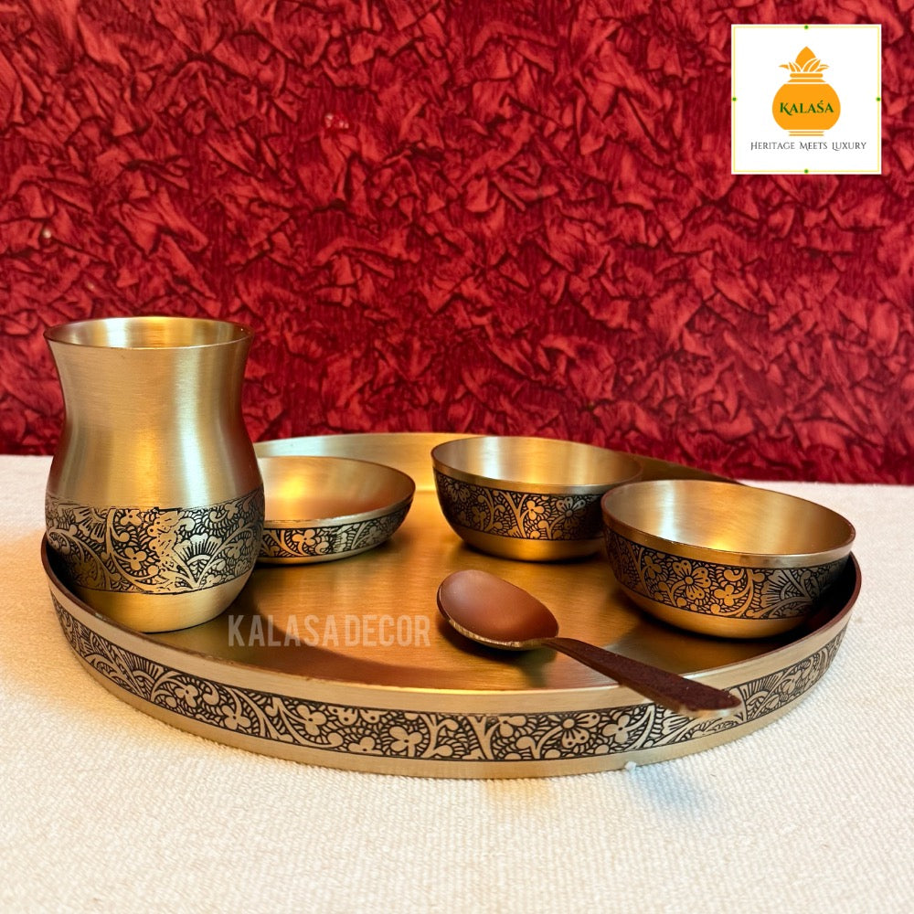 6-Piece Pure Kansa (Bronze) Dinner Set – Matt Finish with Laser Engraved Edge | Ayurvedic Wellness Dining