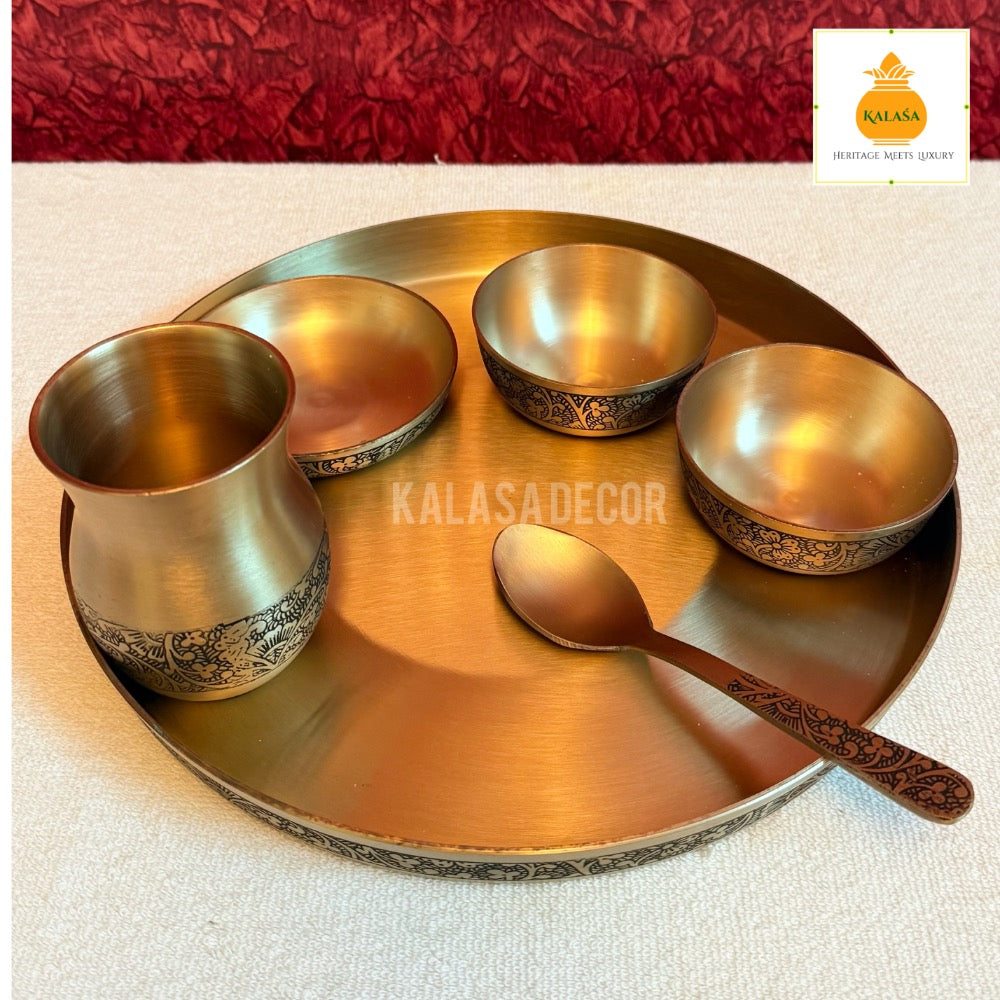 6-Piece Pure Kansa (Bronze) Dinner Set – Matt Finish with Laser Engraved Edge | Ayurvedic Wellness Dining