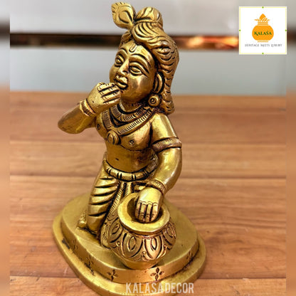 Brass Idol of Little Krishna Eating Butter – Golden Finish | Handcrafted Spiritual Decor | Kalasa Decor