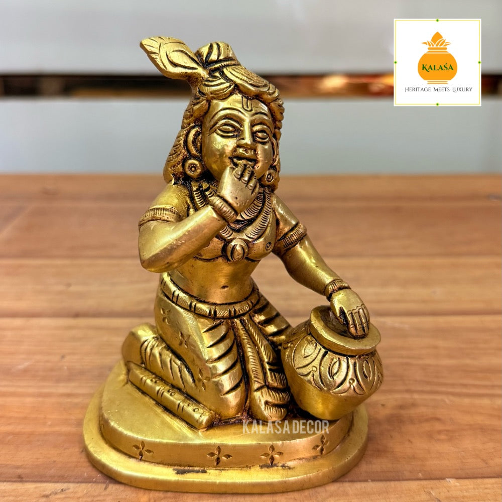 Brass Idol of Little Krishna Eating Butter – Golden Finish | Handcrafted Spiritual Decor | Kalasa Decor