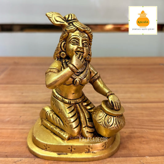 Brass Idol of Little Krishna Eating Butter – Golden Finish | Handcrafted Spiritual Decor | Kalasa Decor