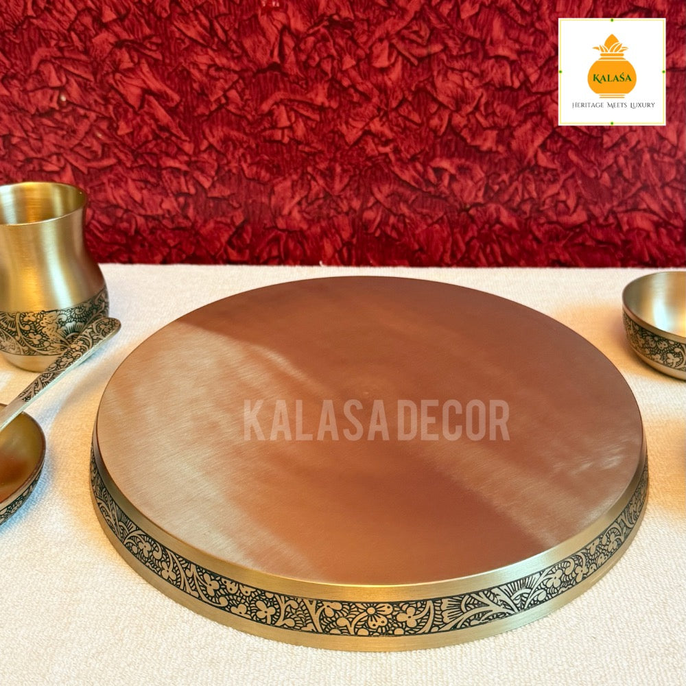 6-Piece Pure Kansa (Bronze) Dinner Set – Matt Finish with Laser Engraved Edge | Ayurvedic Wellness Dining