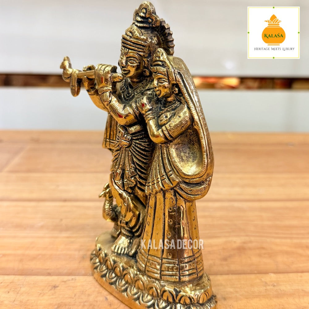 Pure Brass Radha Krishna Idol with Peacock – Intricate Handcrafted Statue on Sturdy Base (6 Inch, 1030g)