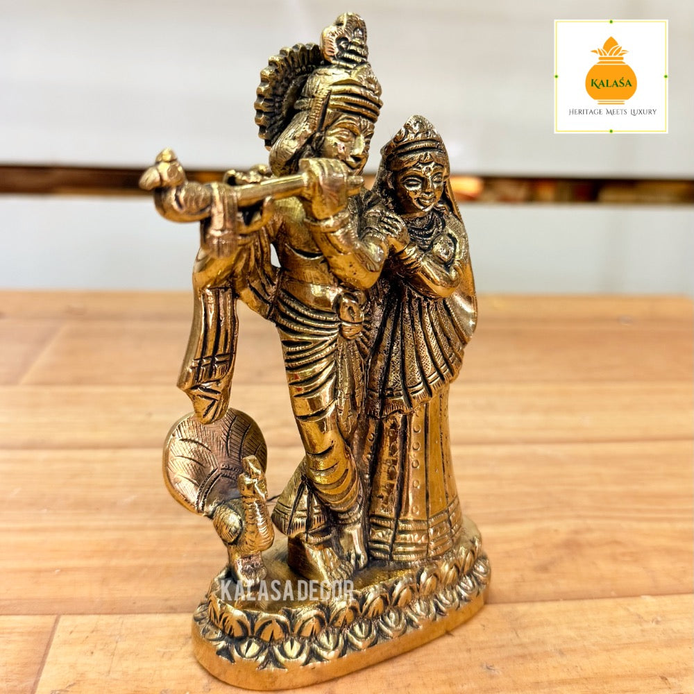 Pure Brass Radha Krishna Idol with Peacock – Intricate Handcrafted Statue on Sturdy Base (6 Inch, 1030g)
