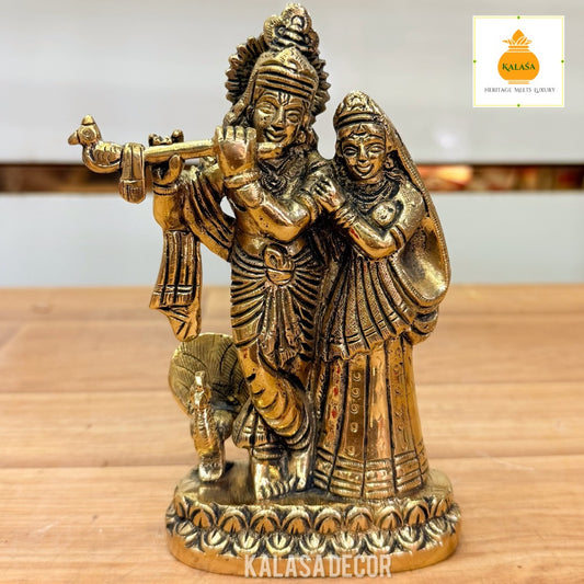 Pure Brass Radha Krishna Idol with Peacock – Intricate Handcrafted Statue on Sturdy Base (6 Inch, 1030g)