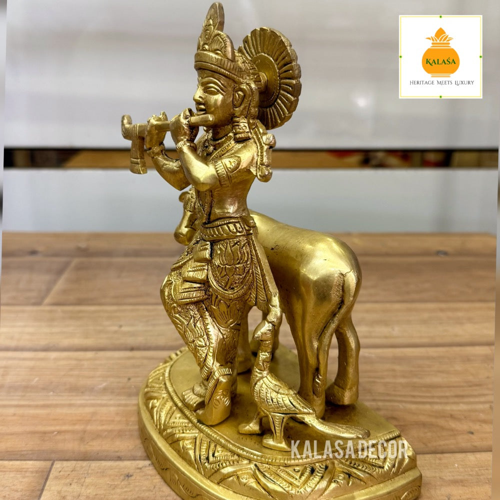 Golden Finish Lord Sri Krishna with Kamadhenu Idol – Majestic Brass Statue for Devotional & Home Decor (7.75 Inch, 2230g)