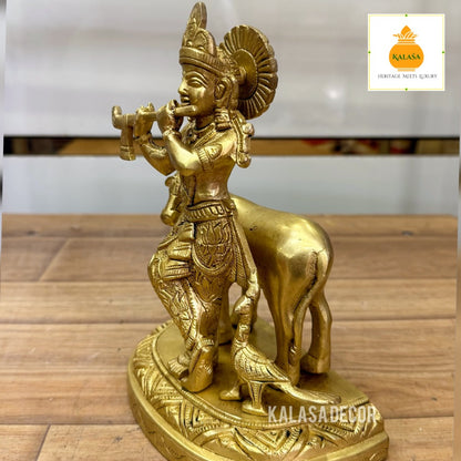 Golden Finish Lord Sri Krishna with Kamadhenu Idol – Majestic Brass Statue for Devotional & Home Decor (7.75 Inch, 2230g)