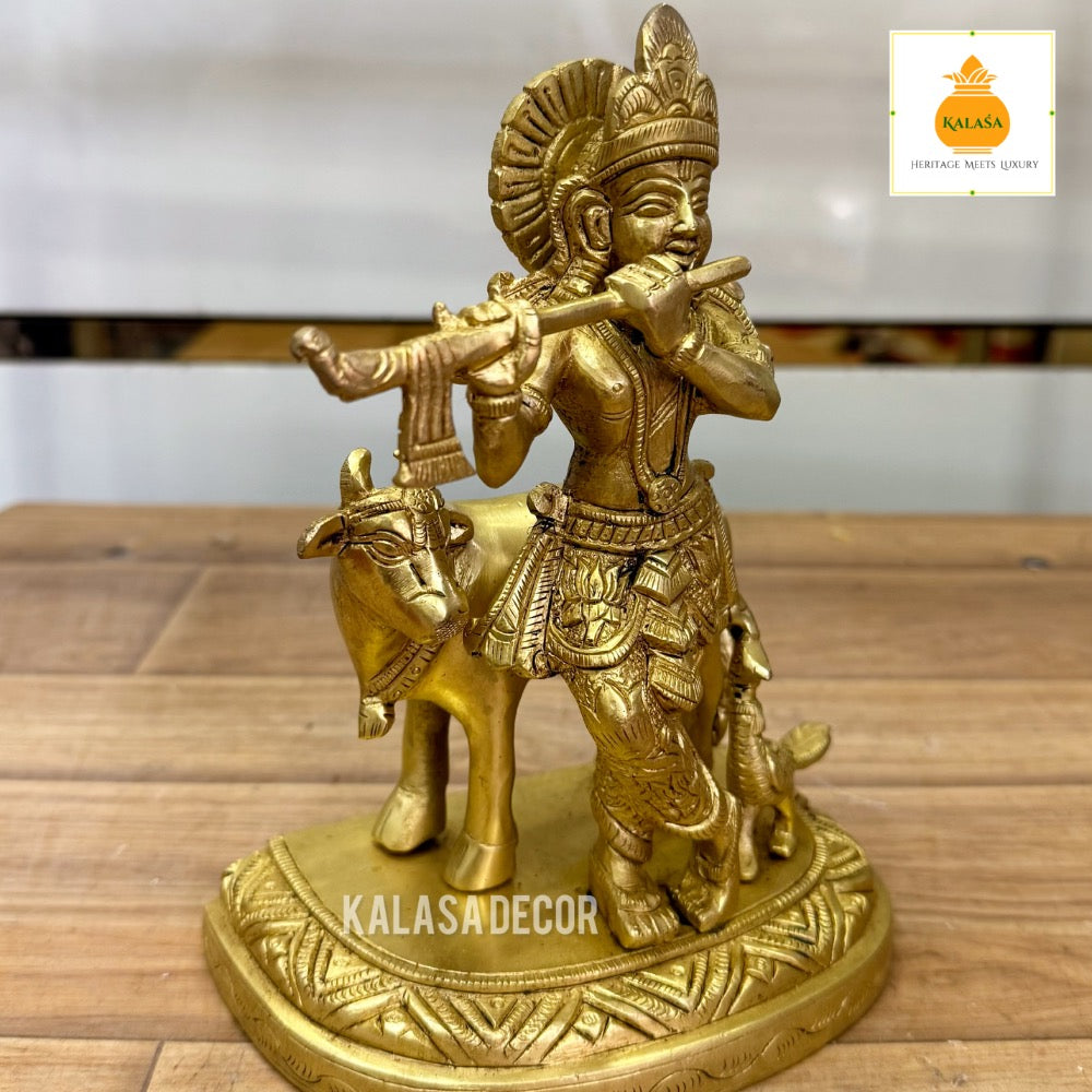 Golden Finish Lord Sri Krishna with Kamadhenu Idol – Majestic Brass Statue for Devotional & Home Decor (7.75 Inch, 2230g)
