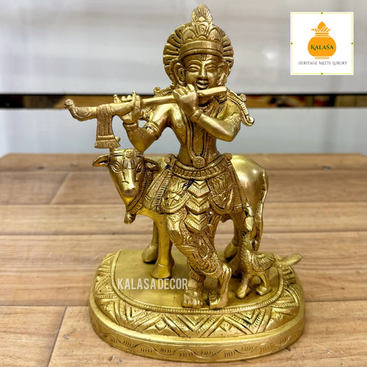 Golden Finish Lord Sri Krishna with Kamadhenu Idol – Majestic Brass Statue for Devotional & Home Decor (7.75 Inch, 2230g)