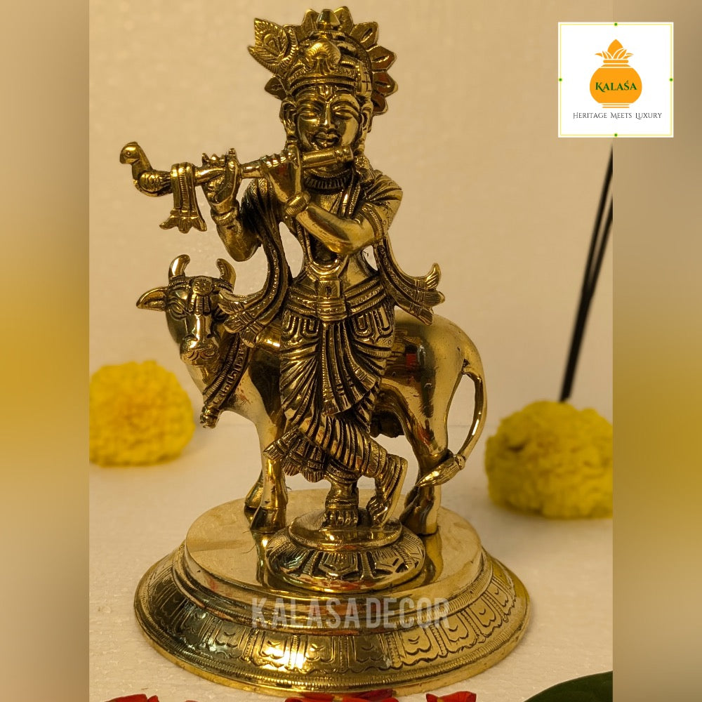 Antique Finish Lord Krishna with Kamadhenu Idol – Pure Brass Statue for Home Temple & Decor (8 Inch, 2450g)