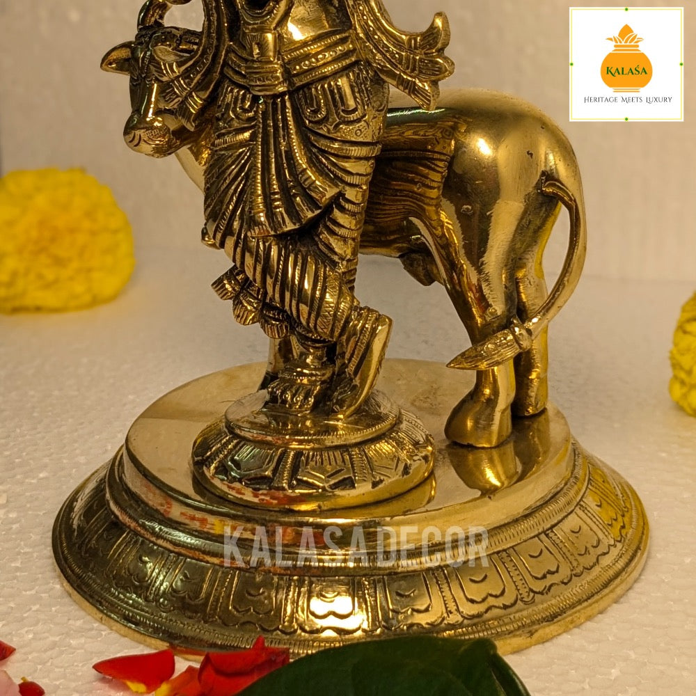 Antique Finish Lord Krishna with Kamadhenu Idol – Pure Brass Statue for Home Temple & Decor (8 Inch, 2450g)