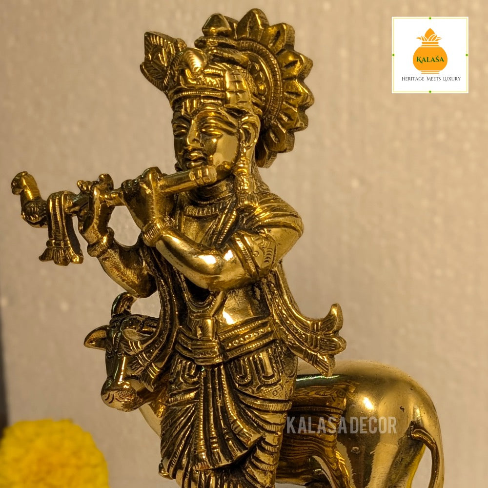 Antique Finish Lord Krishna with Kamadhenu Idol – Pure Brass Statue for Home Temple & Decor (8 Inch, 2450g)