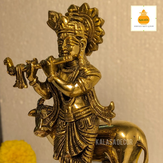 Antique Finish Lord Krishna with Kamadhenu Idol – Pure Brass Statue for Home Temple & Decor (8 Inch, 2450g)