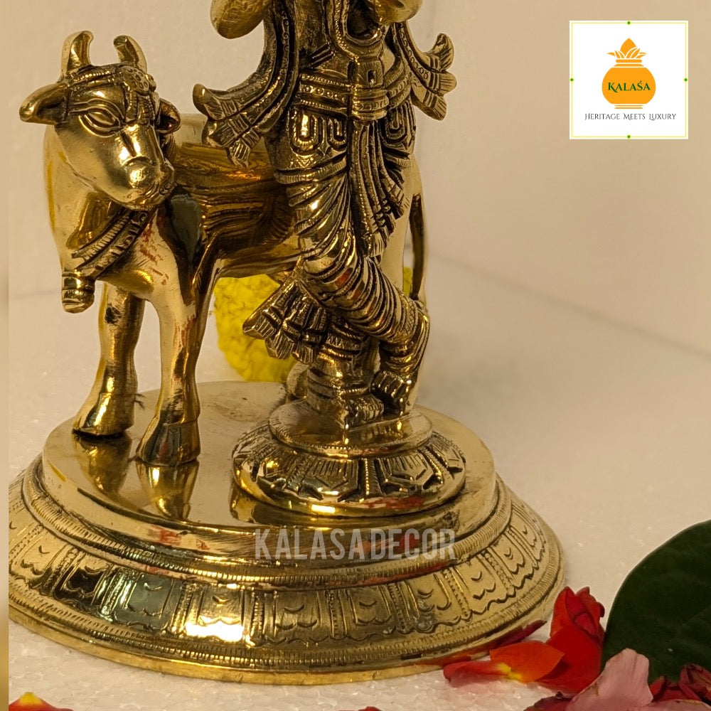 Antique Finish Lord Krishna with Kamadhenu Idol – Pure Brass Statue for Home Temple & Decor (8 Inch, 2450g)