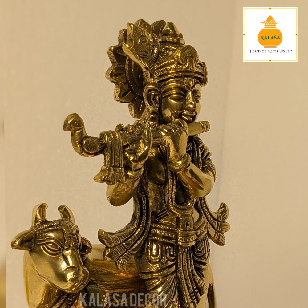 Antique Finish Lord Krishna with Kamadhenu Idol – Pure Brass Statue for Home Temple & Decor (8 Inch, 2450g)
