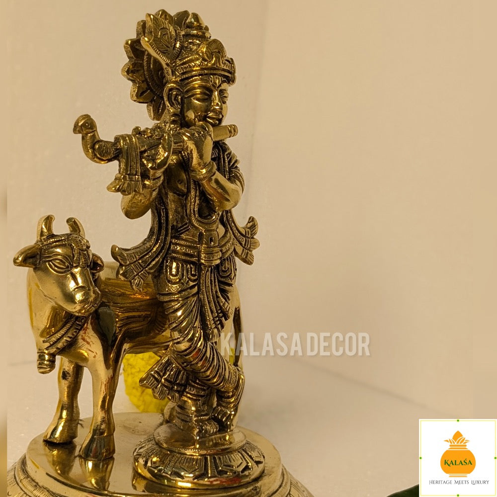 Antique Finish Lord Krishna with Kamadhenu Idol – Pure Brass Statue for Home Temple & Decor (8 Inch, 2450g)