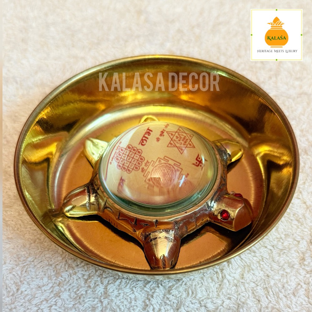 Shubha Labha Vastu Turtle with Pancha Yantras – Brass Turtle with Glass Top & Plate for Wealth & Energy (4.5 Inch Plate)