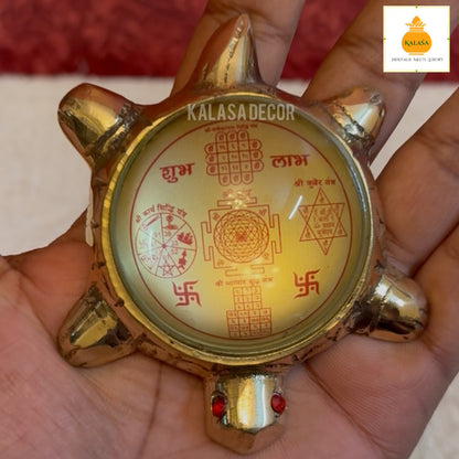 Shubha Labha Vastu Turtle with Pancha Yantras – Brass Turtle with Glass Top & Plate for Wealth & Energy (4.5 Inch Plate)