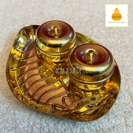 Shankha-Shaped Brass Kunkuma Bharani Set – Welded Twin Slots for Turmeric & Kunkum (Traditional Pooja Accessory)