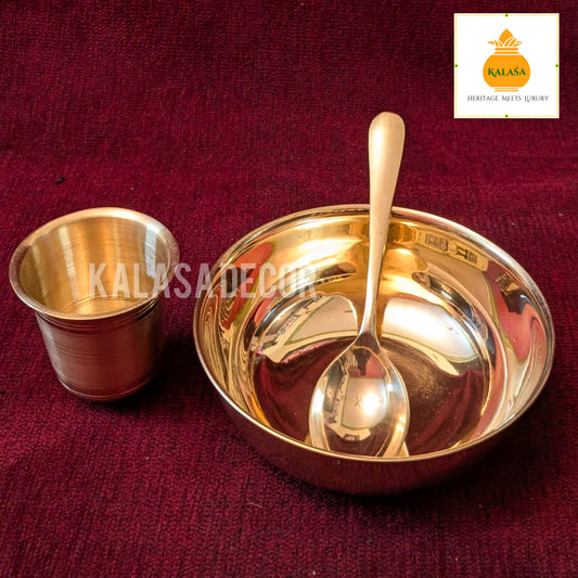 3-Piece Pure Brass Baby Dinner Set – Glossy Finish | Bowl, Spoon & Glass for Kids | Kalasa Decor
