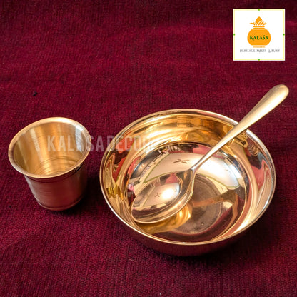 3-Piece Pure Brass Baby Dinner Set – Glossy Finish | Bowl, Spoon & Glass for Kids | Kalasa Decor