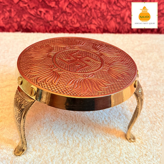 Brass Mukkali Three-Legged Stand with Swastik & Lotus Engraving – Pooja & Decor Use | Kalasa Decor