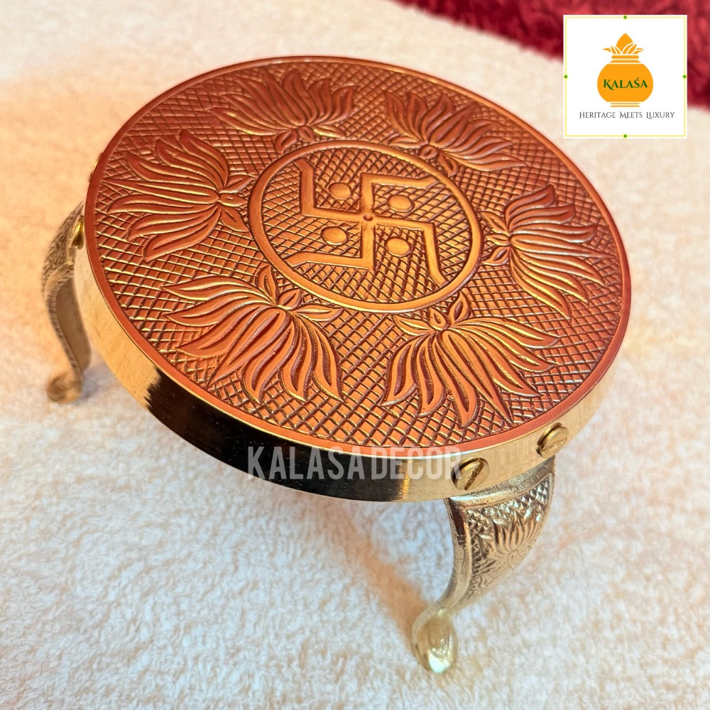 Brass Mukkali Three-Legged Stand with Swastik & Lotus Engraving – Pooja & Decor Use | Kalasa Decor