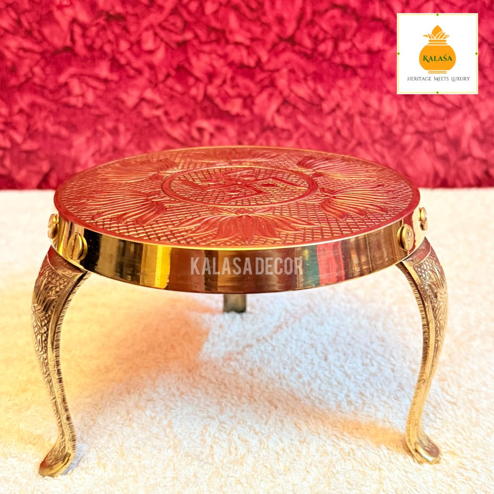Brass Mukkali Three-Legged Stand with Swastik & Lotus Engraving – Pooja & Decor Use | Kalasa Decor