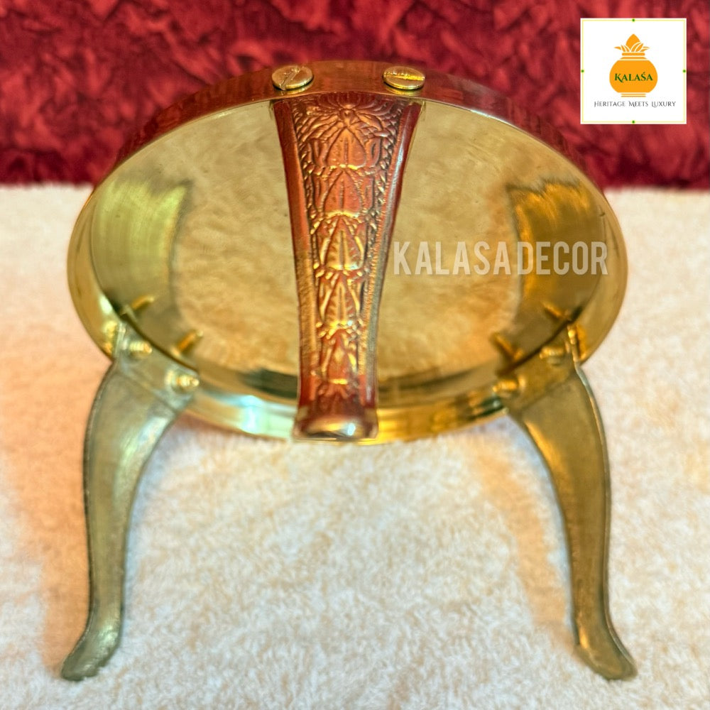 Brass Mukkali Three-Legged Stand with Swastik & Lotus Engraving – Pooja & Decor Use | Kalasa Decor