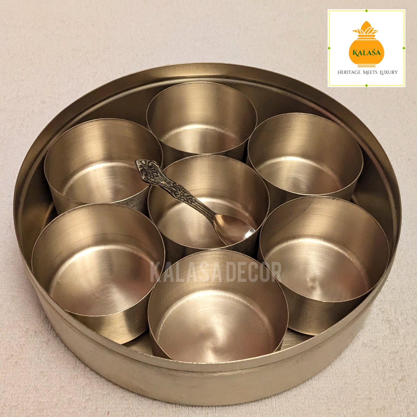 Matt Finish Brass Masala Box with Laser-Engraved Mandala Lid – 7 Spice Cups + Spoon | Kitchen Utility & Return gift | Kalasa Decor