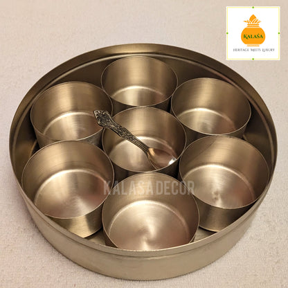 Matt Finish Brass Masala Box with Laser-Engraved Mandala Lid – 7 Spice Cups + Spoon | Kitchen Utility & Return gift | Kalasa Decor