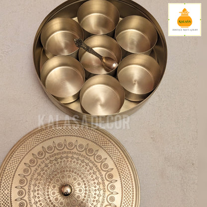 Matt Finish Brass Masala Box with Laser-Engraved Mandala Lid – 7 Spice Cups + Spoon | Kitchen Utility & Return gift | Kalasa Decor