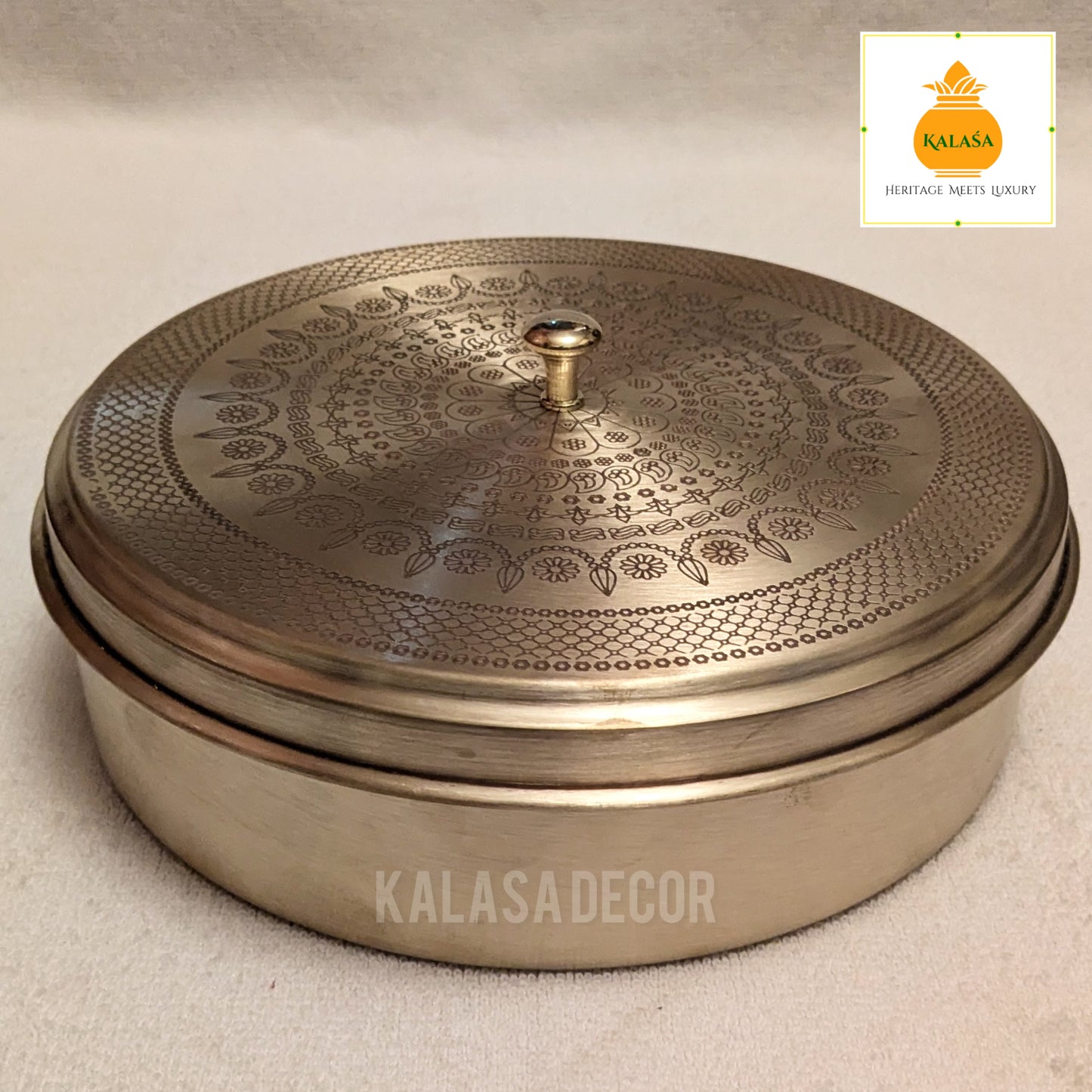 Matt Finish Brass Masala Box with Laser-Engraved Mandala Lid – 7 Spice Cups + Spoon | Kitchen Utility & Return gift | Kalasa Decor