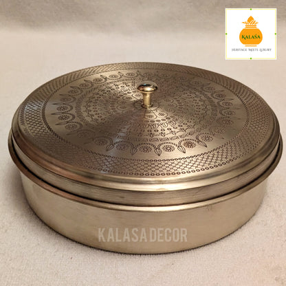 Matt Finish Brass Masala Box with Laser-Engraved Mandala Lid – 7 Spice Cups + Spoon | Kitchen Utility & Return gift | Kalasa Decor