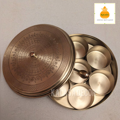 Matt Finish Brass Masala Box with Laser-Engraved Mandala Lid – 7 Spice Cups + Spoon | Kitchen Utility & Return gift | Kalasa Decor