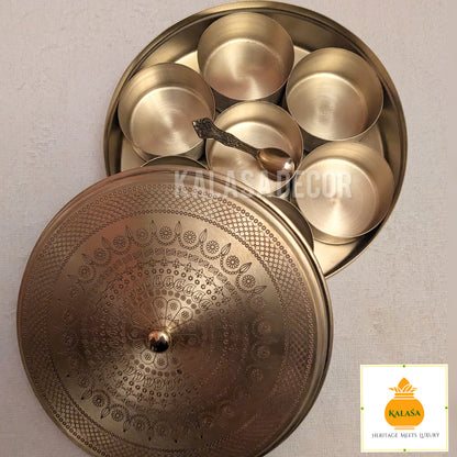 Matt Finish Brass Masala Box with Laser-Engraved Mandala Lid – 7 Spice Cups + Spoon | Kitchen Utility & Return gift | Kalasa Decor