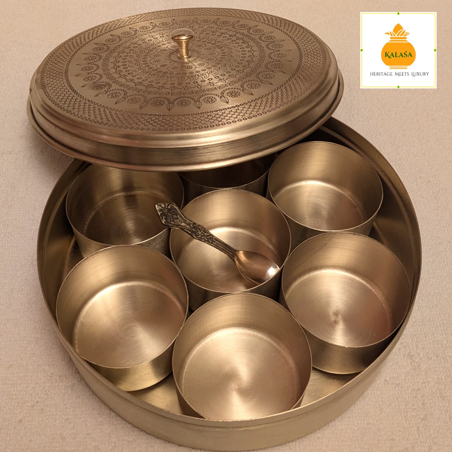 Matt Finish Brass Masala Box with Laser-Engraved Mandala Lid – 7 Spice Cups + Spoon | Kitchen Utility & Return gift | Kalasa Decor